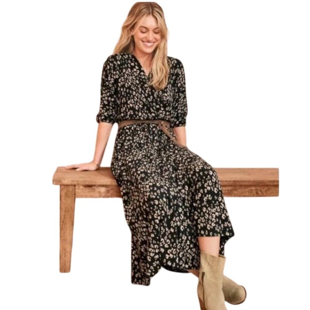 Garnet Hill Animal Print Faux Wrap Midi Dress Pockets Size M